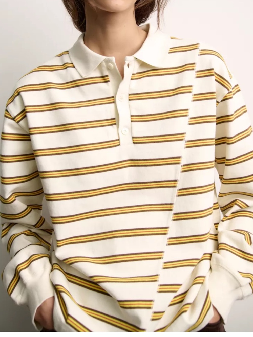 Zara Cream Polo Sweater with Mustard and Brown Stripes